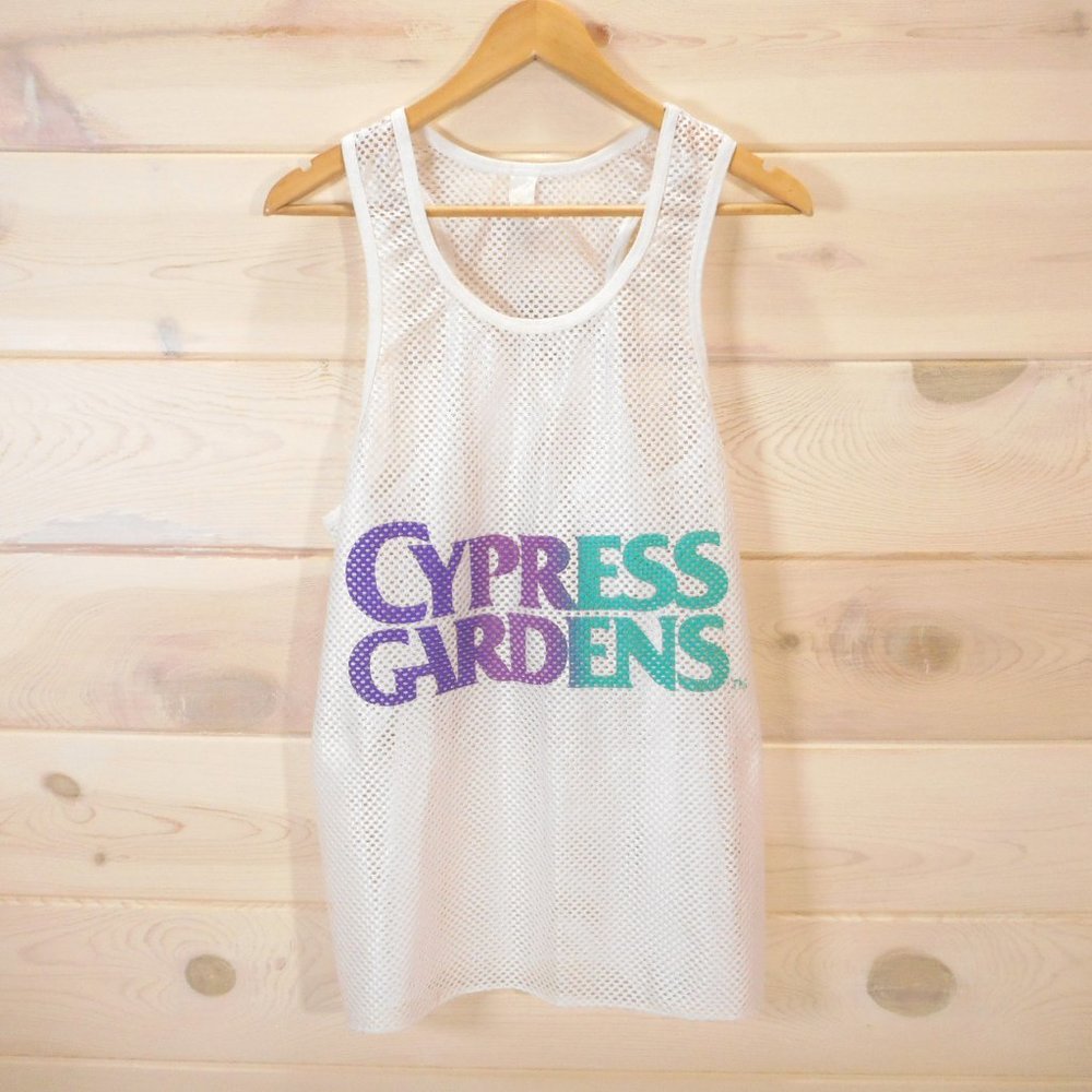 Vintage White Mesh Tank Top with Purple and Green Print